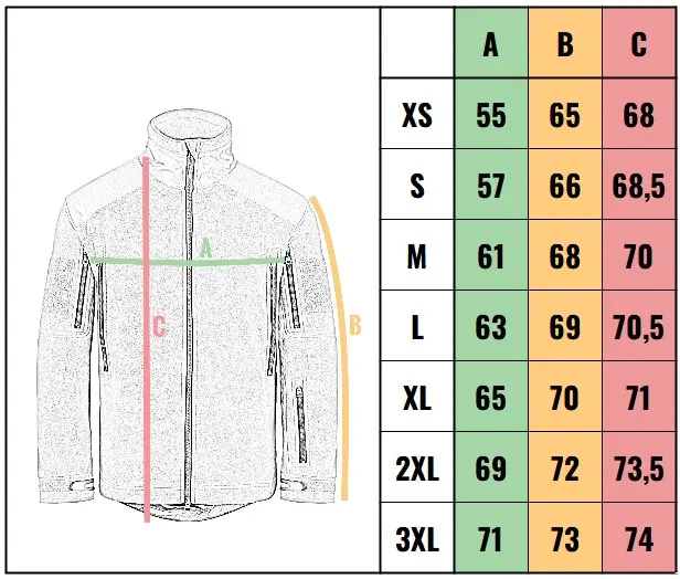veľkostná tabuľka - bunda M-Tac Flash
