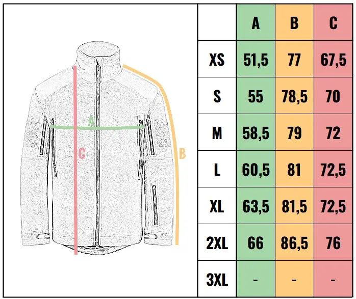 veľkostná tabuľka - bunda M-Tac Polartec Sport